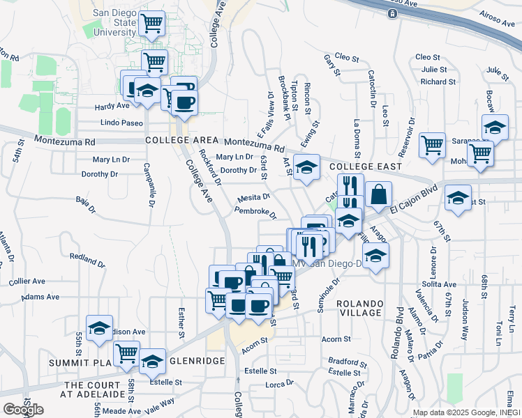 map of restaurants, bars, coffee shops, grocery stores, and more near 6223 Mesita Drive in San Diego