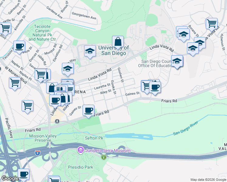 map of restaurants, bars, coffee shops, grocery stores, and more near 5772 Riley Street in San Diego