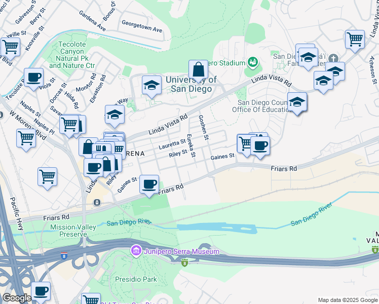map of restaurants, bars, coffee shops, grocery stores, and more near 5772 Riley Street in San Diego