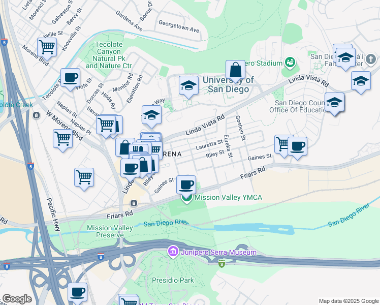 map of restaurants, bars, coffee shops, grocery stores, and more near 5604 Lauretta Street in San Diego