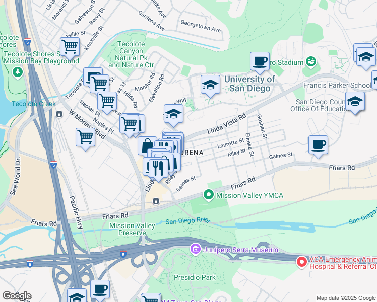 map of restaurants, bars, coffee shops, grocery stores, and more near in San Diego