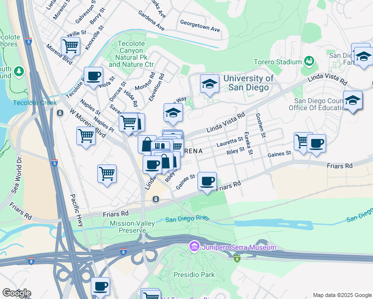 map of restaurants, bars, coffee shops, grocery stores, and more near in San Diego