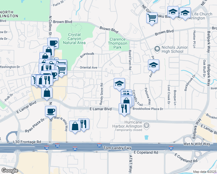 map of restaurants, bars, coffee shops, grocery stores, and more near 1505 Harwell Drive in Arlington