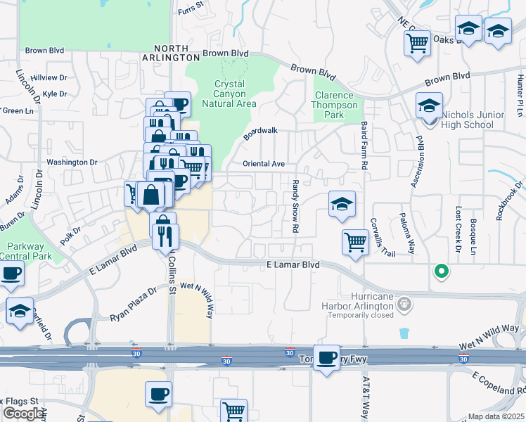 map of restaurants, bars, coffee shops, grocery stores, and more near 2103 Horizon Trail in Arlington