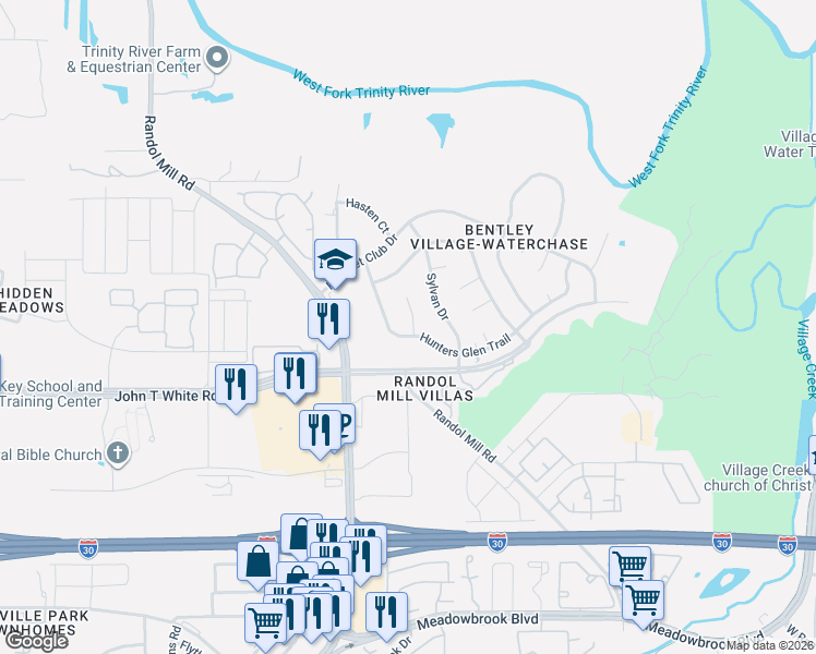 map of restaurants, bars, coffee shops, grocery stores, and more near 817 Hunters Glen Trail in Fort Worth