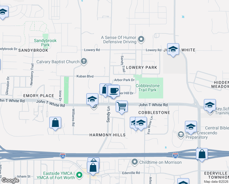 map of restaurants, bars, coffee shops, grocery stores, and more near 7400 Arbor Hill Drive in Fort Worth