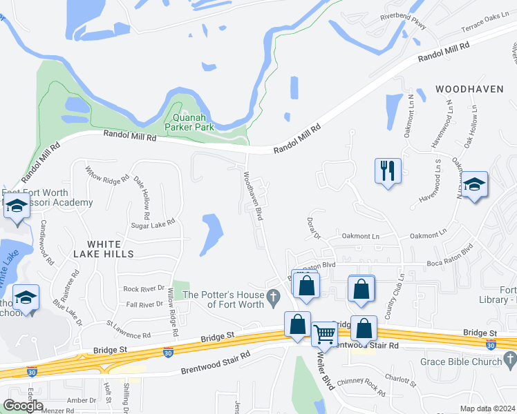map of restaurants, bars, coffee shops, grocery stores, and more near 350 Shady Lane Drive in Fort Worth