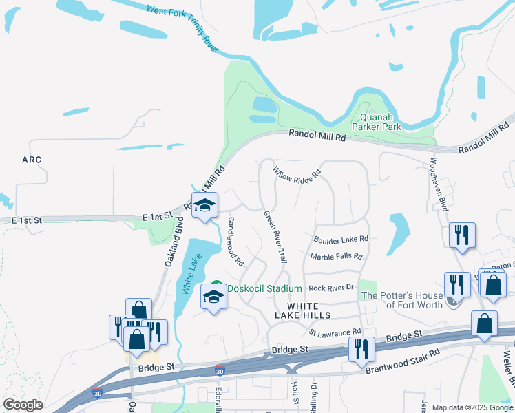 map of restaurants, bars, coffee shops, grocery stores, and more near 412 Green River Trail in Fort Worth