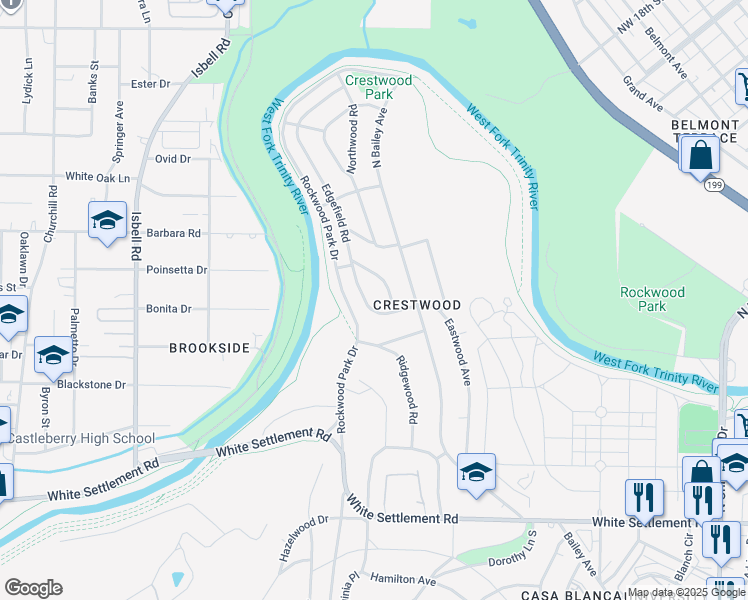 map of restaurants, bars, coffee shops, grocery stores, and more near 605 Westwood Avenue in Fort Worth