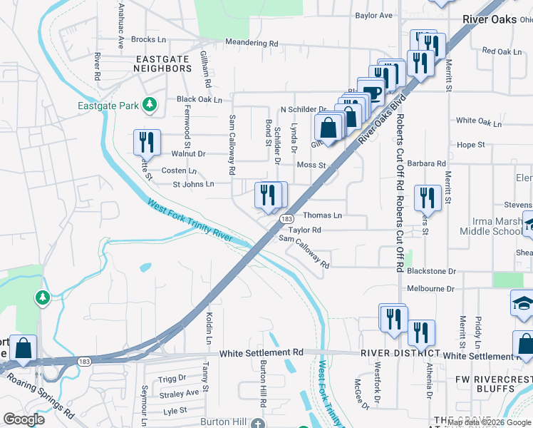 map of restaurants, bars, coffee shops, grocery stores, and more near 5750 Sam Calloway Road in Fort Worth