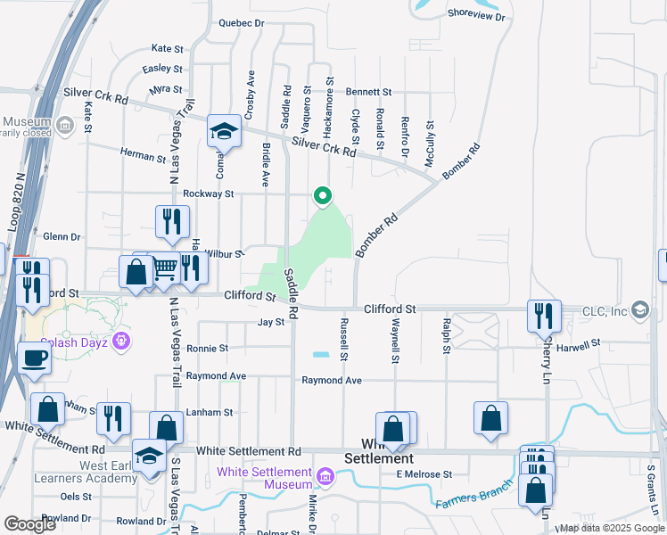 map of restaurants, bars, coffee shops, grocery stores, and more near 527 Bomber Road in Fort Worth