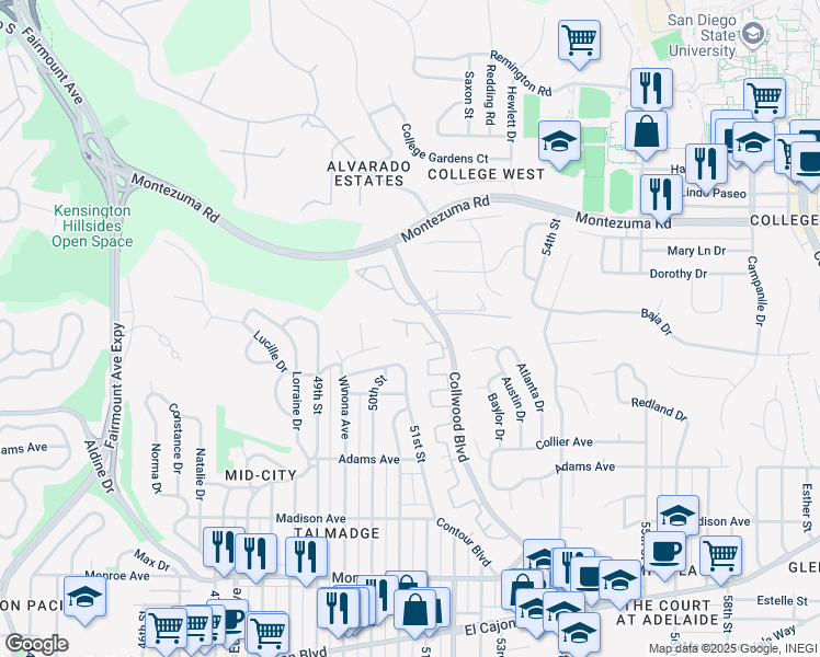 map of restaurants, bars, coffee shops, grocery stores, and more near 4616 Collwood Lane in San Diego