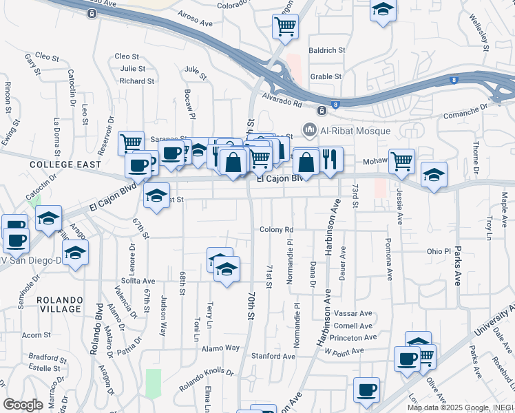 map of restaurants, bars, coffee shops, grocery stores, and more near 4881 70th Street in San Diego