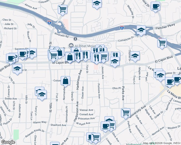 map of restaurants, bars, coffee shops, grocery stores, and more near 4876 73rd Street in La Mesa