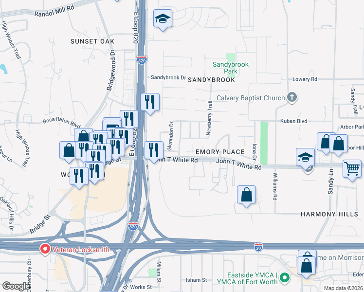map of restaurants, bars, coffee shops, grocery stores, and more near 953 Newberry Trail in Fort Worth