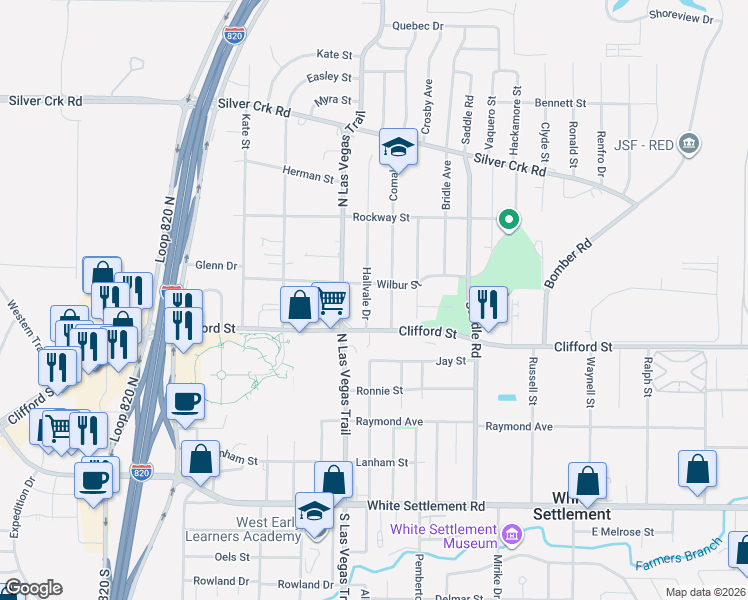 map of restaurants, bars, coffee shops, grocery stores, and more near 519 Comal Avenue in Fort Worth