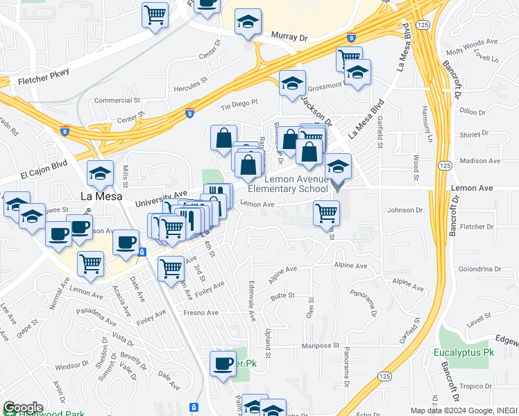 map of restaurants, bars, coffee shops, grocery stores, and more near 8545 Lemon Avenue in La Mesa