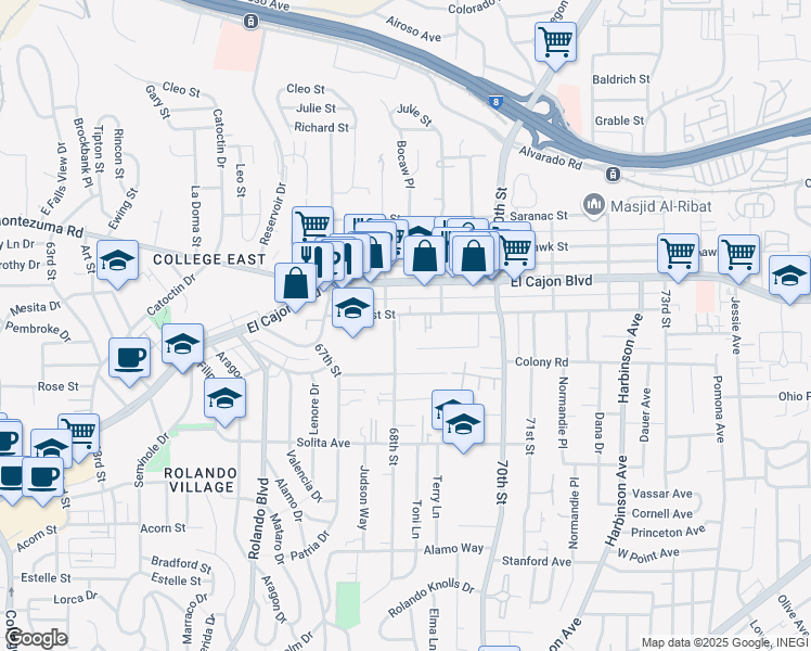 map of restaurants, bars, coffee shops, grocery stores, and more near 6805 Amherst Street in San Diego