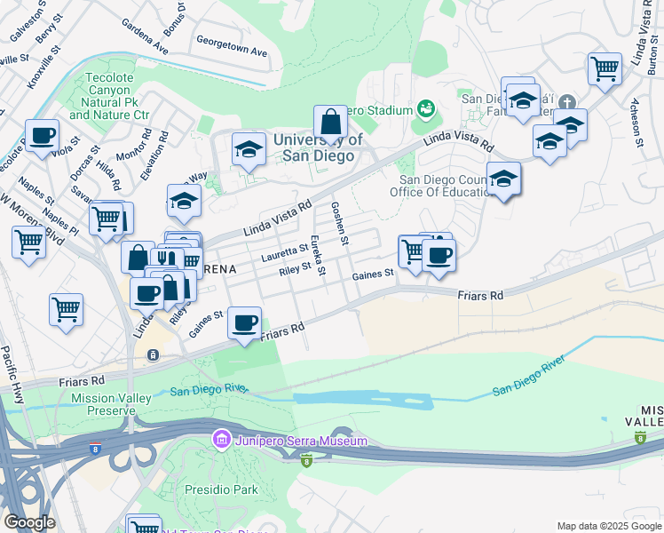 map of restaurants, bars, coffee shops, grocery stores, and more near 1145 Fresno Street in San Diego