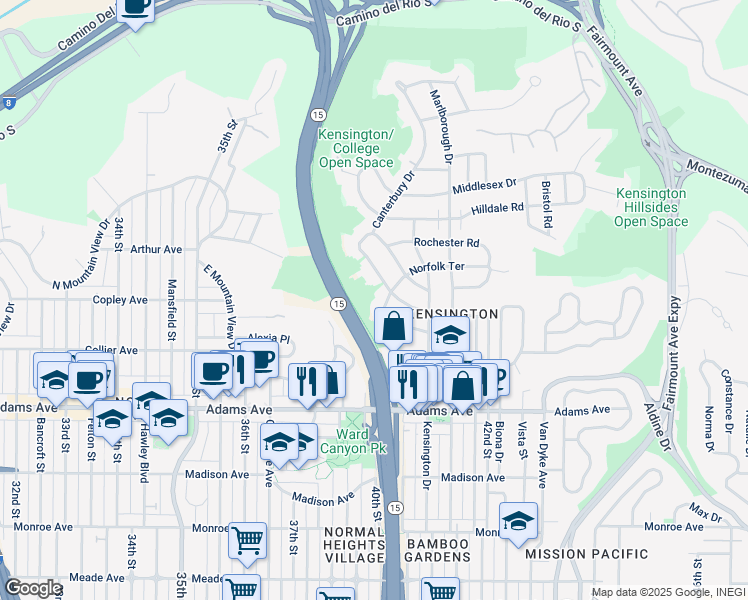 map of restaurants, bars, coffee shops, grocery stores, and more near 4866 Sussex Drive in San Diego