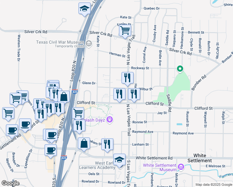 map of restaurants, bars, coffee shops, grocery stores, and more near 8811 Wilbur Street in White Settlement