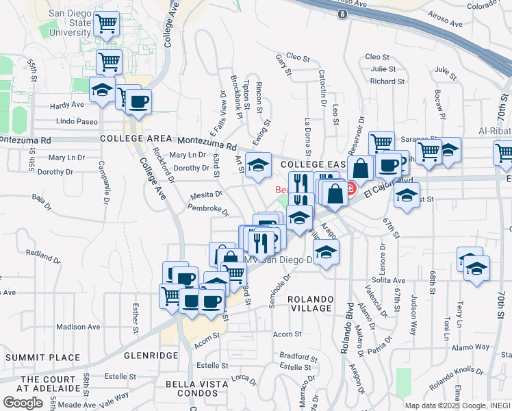 map of restaurants, bars, coffee shops, grocery stores, and more near 500 64th Street in San Diego