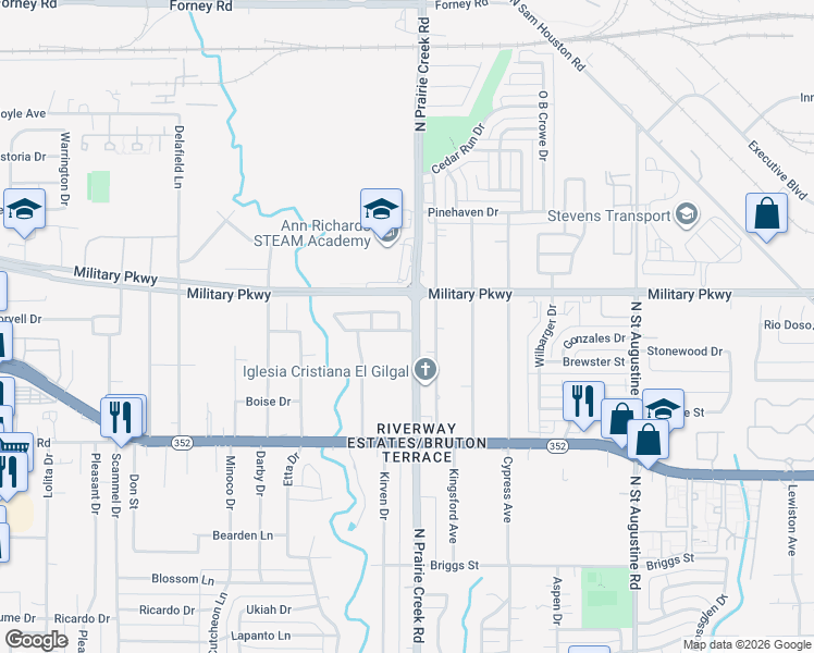 map of restaurants, bars, coffee shops, grocery stores, and more near 3510 Ridge Elm Drive in Dallas