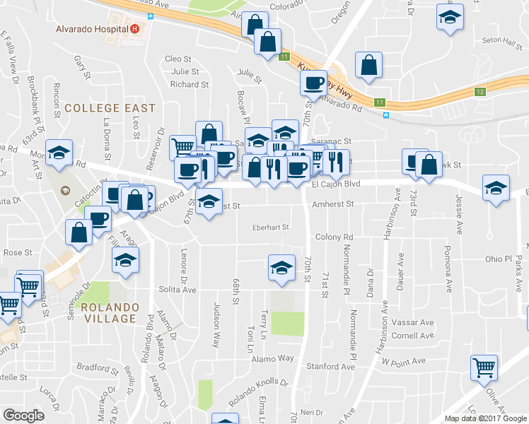 map of restaurants, bars, coffee shops, grocery stores, and more near 6889 Amherst Street in San Diego