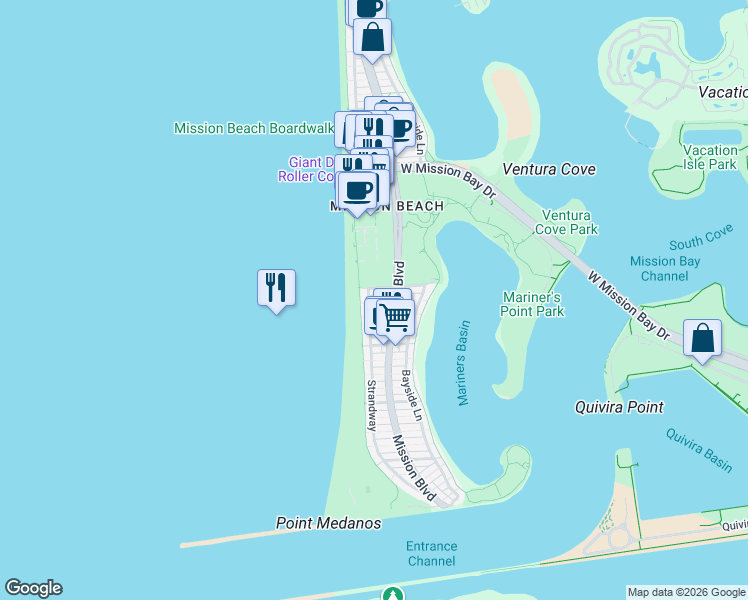 map of restaurants, bars, coffee shops, grocery stores, and more near in San Diego