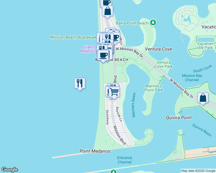 map of restaurants, bars, coffee shops, grocery stores, and more near 718 Ensenada Court in San Diego