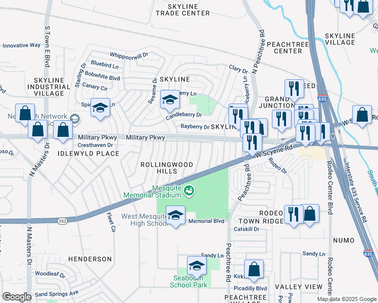 map of restaurants, bars, coffee shops, grocery stores, and more near 117 Woodbridge Way in Mesquite