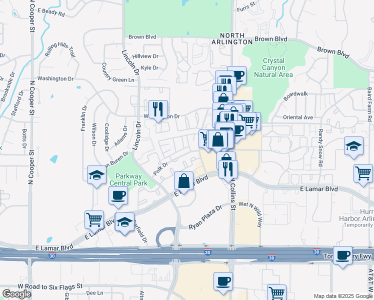 map of restaurants, bars, coffee shops, grocery stores, and more near 759 Polk Drive in Arlington
