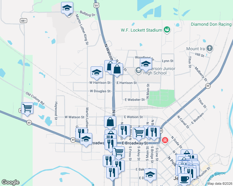 map of restaurants, bars, coffee shops, grocery stores, and more near 102 East Douglas Street in Jefferson