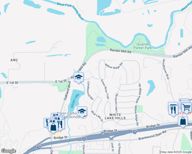 map of restaurants, bars, coffee shops, grocery stores, and more near 412 Green River Trail in Fort Worth