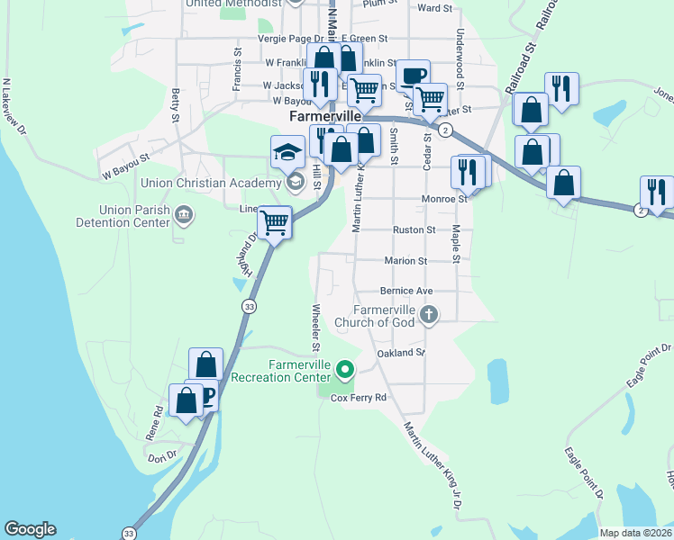 map of restaurants, bars, coffee shops, grocery stores, and more near 701 Martin Luther King Junior Drive in Farmerville