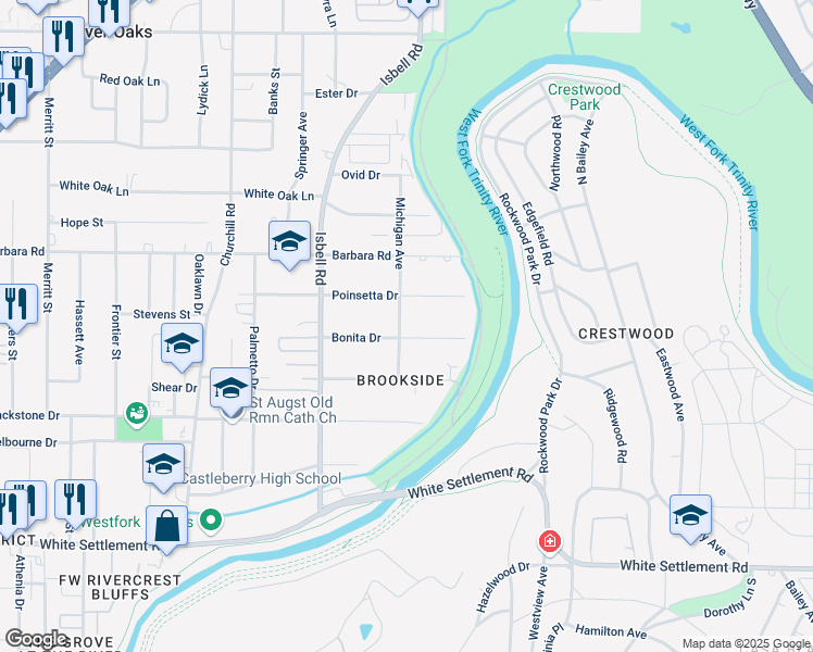 map of restaurants, bars, coffee shops, grocery stores, and more near 501 Michigan Avenue in Fort Worth
