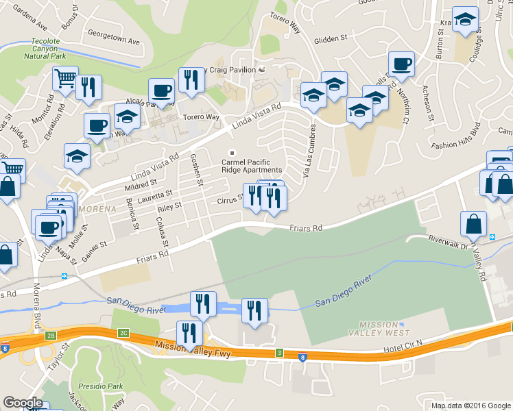 map of restaurants, bars, coffee shops, grocery stores, and more near 6092 Cumulus Lane in San Diego