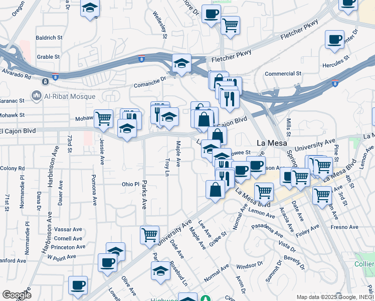 map of restaurants, bars, coffee shops, grocery stores, and more near 7781 Sunset Drive in La Mesa