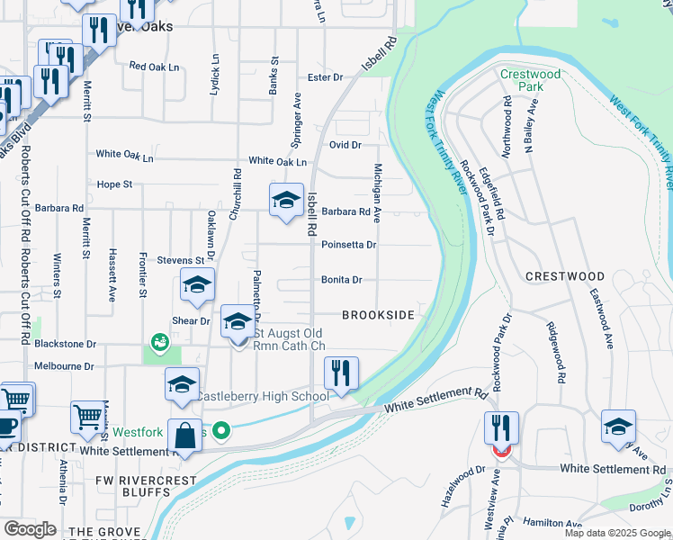 map of restaurants, bars, coffee shops, grocery stores, and more near 4404 Bonita Drive in Fort Worth