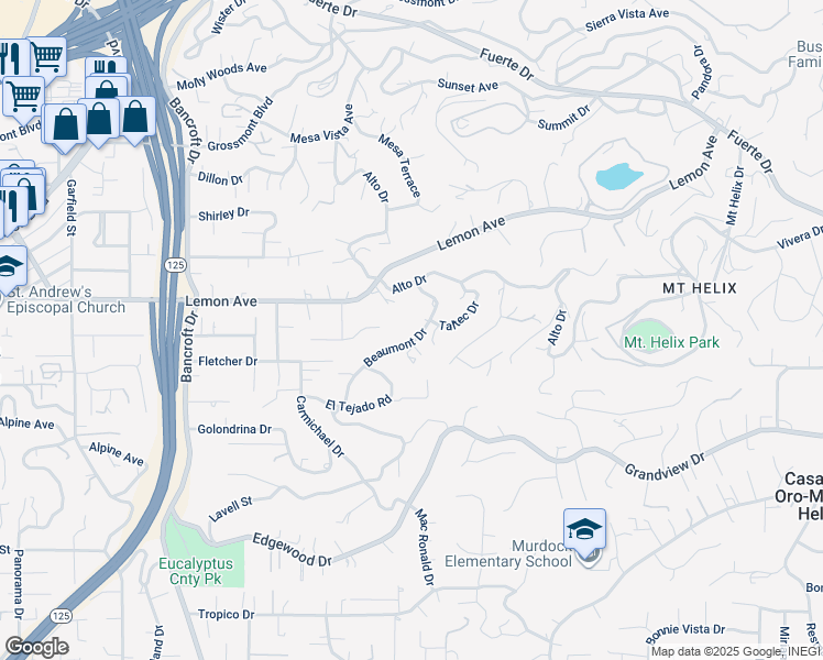 map of restaurants, bars, coffee shops, grocery stores, and more near 4854 Beaumont Drive in La Mesa