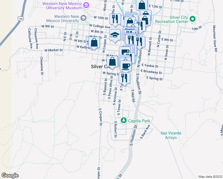 map of restaurants, bars, coffee shops, grocery stores, and more near in Silver City