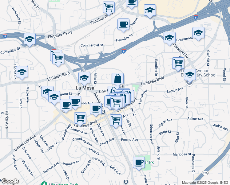 map of restaurants, bars, coffee shops, grocery stores, and more near 8291 University Avenue in La Mesa