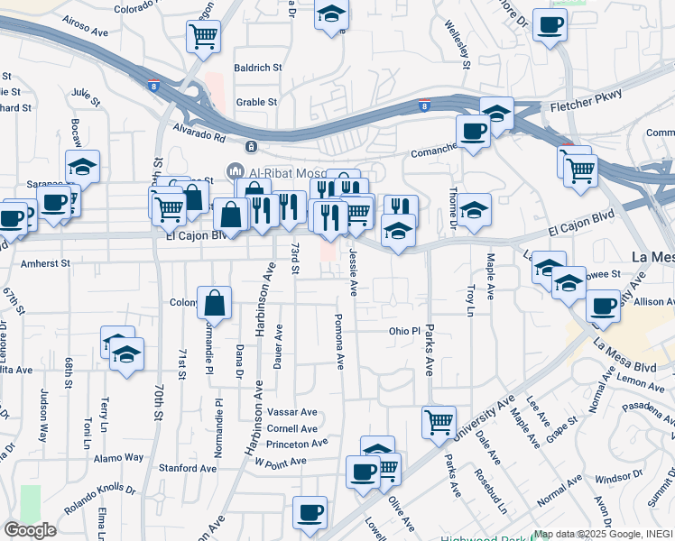 map of restaurants, bars, coffee shops, grocery stores, and more near 7370 La Mesita Place in La Mesa