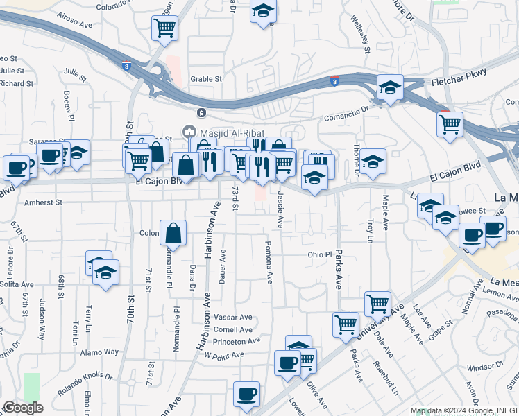map of restaurants, bars, coffee shops, grocery stores, and more near 7370 La Mesita Place in La Mesa