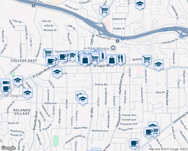 map of restaurants, bars, coffee shops, grocery stores, and more near 4881 70th Street in San Diego