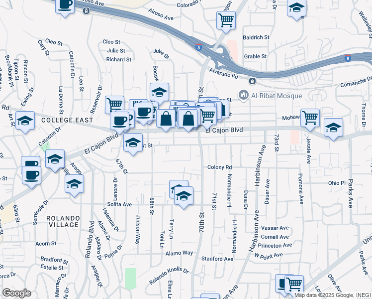 map of restaurants, bars, coffee shops, grocery stores, and more near 6951 Amherst Street in San Diego