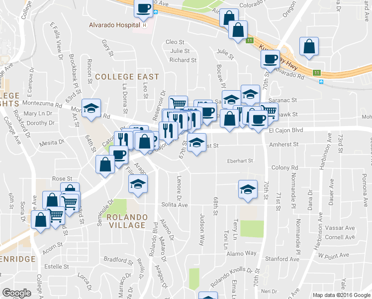 map of restaurants, bars, coffee shops, grocery stores, and more near 4906 1/2 67th Street in San Diego