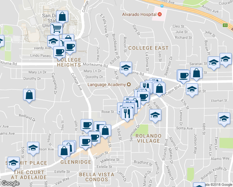 map of restaurants, bars, coffee shops, grocery stores, and more near 4944 Art Street in San Diego