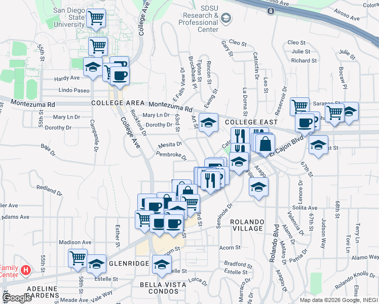 map of restaurants, bars, coffee shops, grocery stores, and more near 4944 Art Street in San Diego