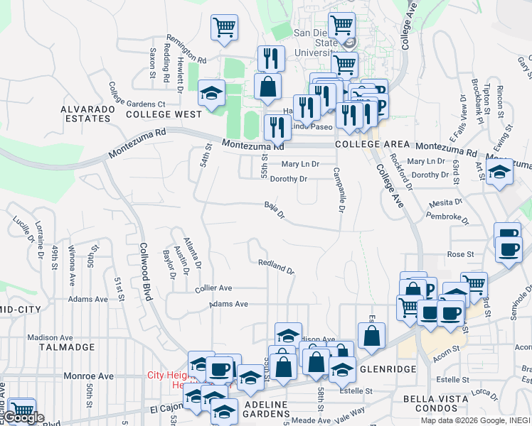 map of restaurants, bars, coffee shops, grocery stores, and more near 5519 Baja Drive in San Diego